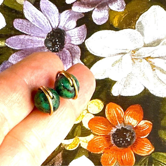 Ruby in Zoisite spheres gold stud earrings/ Gemini healing crystal - Picture 1 of 6